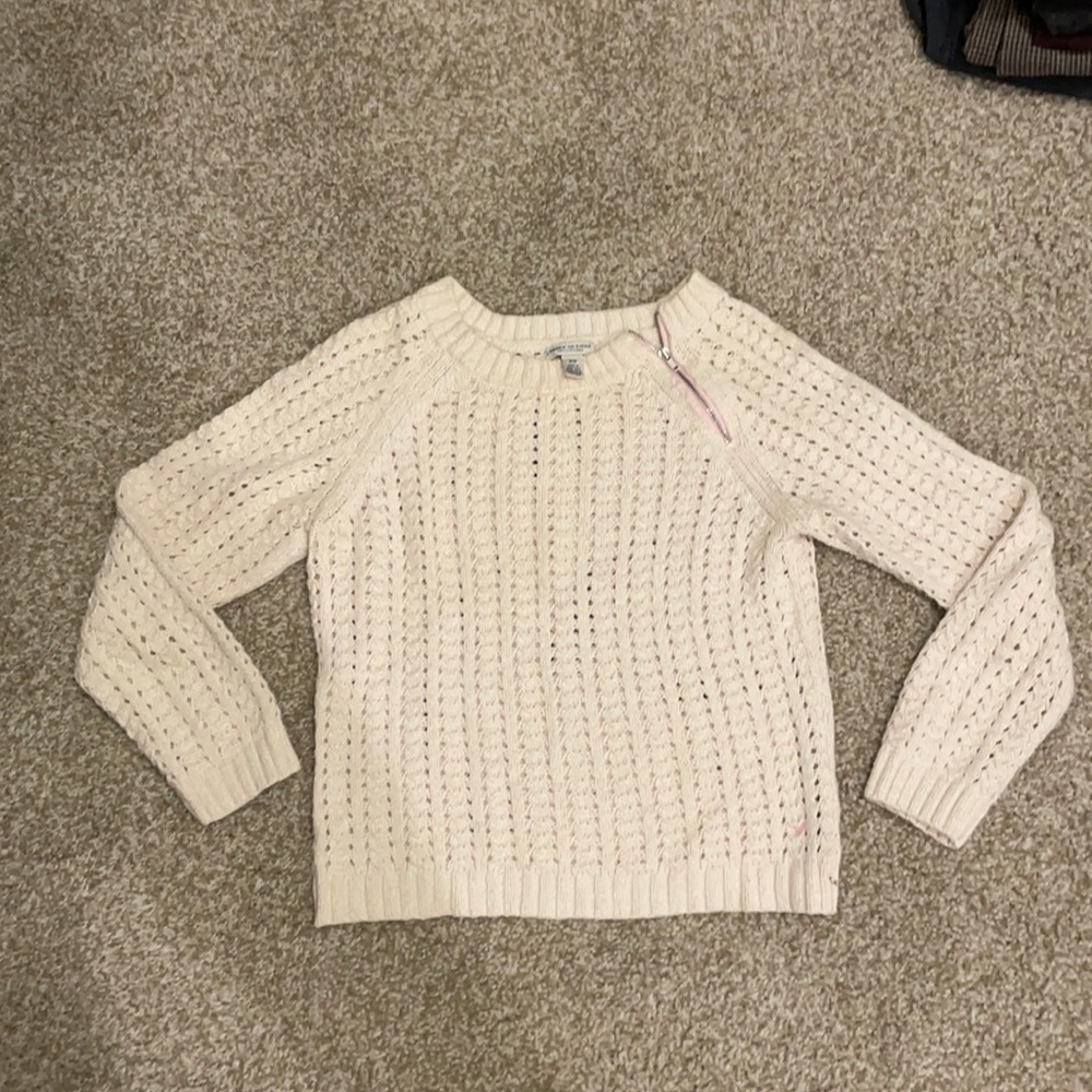 American Eagle crew neck cream cropped eyelet sweater with zipper detail